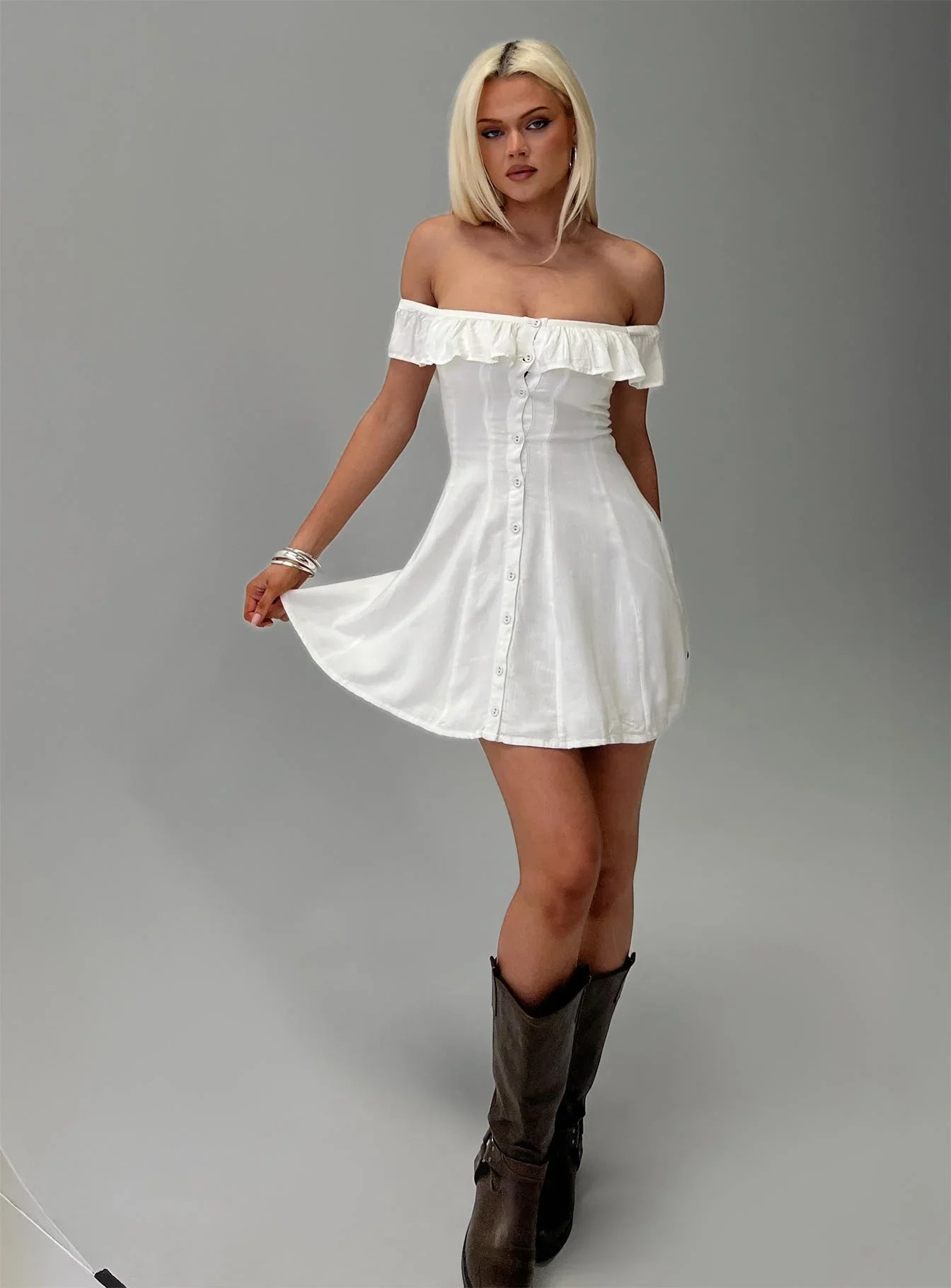 Corail Off Shoulder Frill Mini Dress White