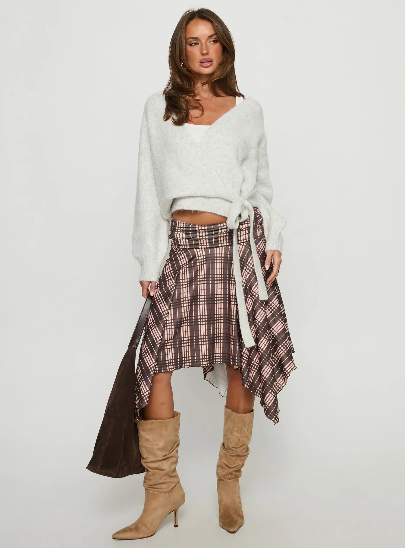 Scholar Asymmetrical Midi Skirt Brown Check