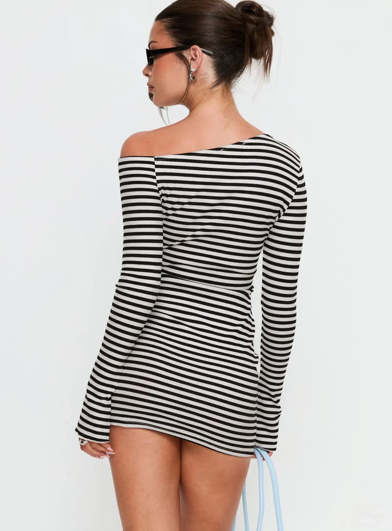 Journi Off Shoulder Long Sleeve Mini Dress Black White Stripe