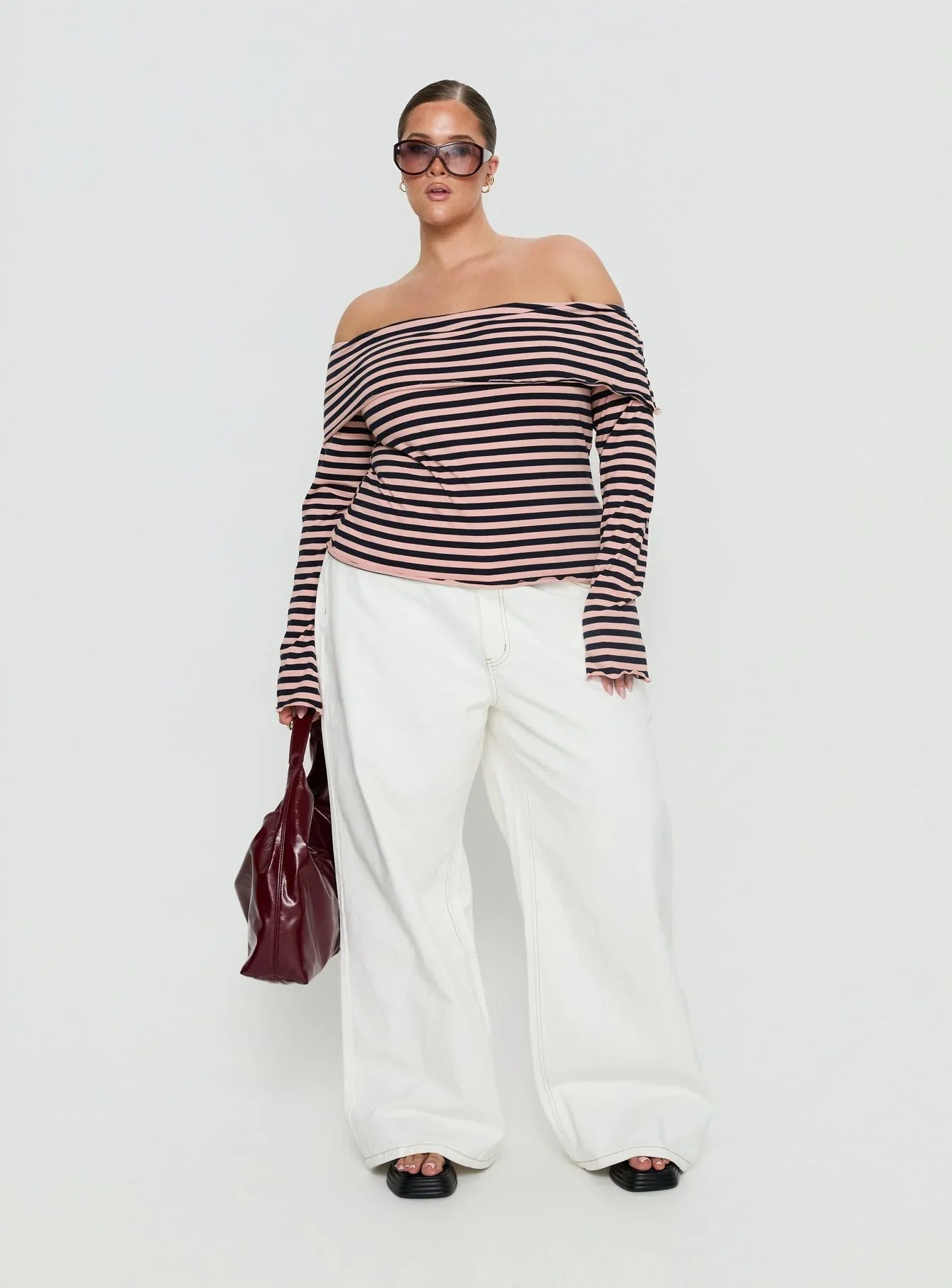 Janicia Off Shoulder Top Pink Stripe Curve