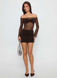 Briseida Mesh Long Sleeve Mini Dress Chocolate