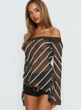 Trinkie Long Sleeve Off Shoulder Chiffon Top Navy Stripe
