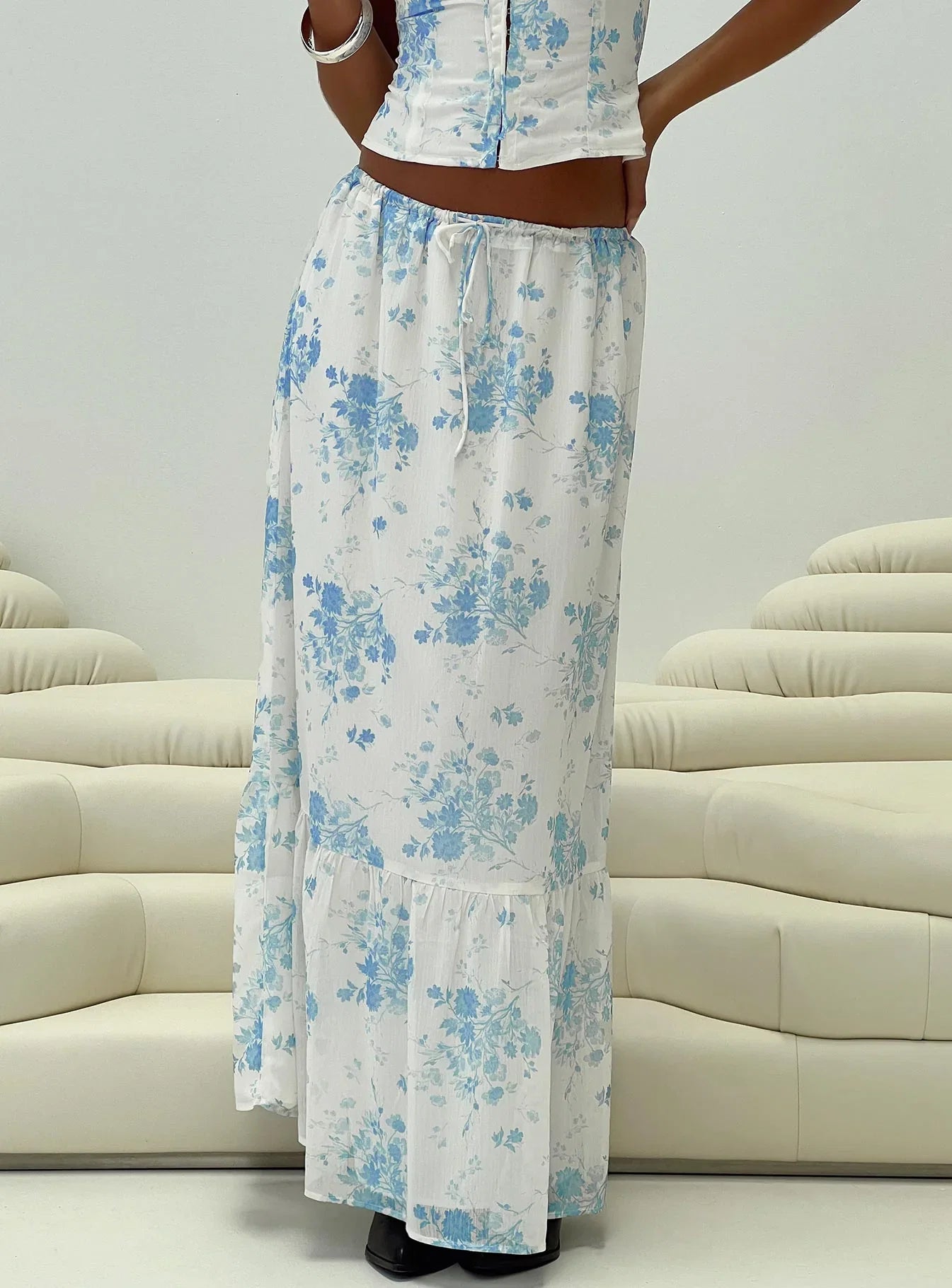 Modern Girl Maxi Skirt White Blue Floral