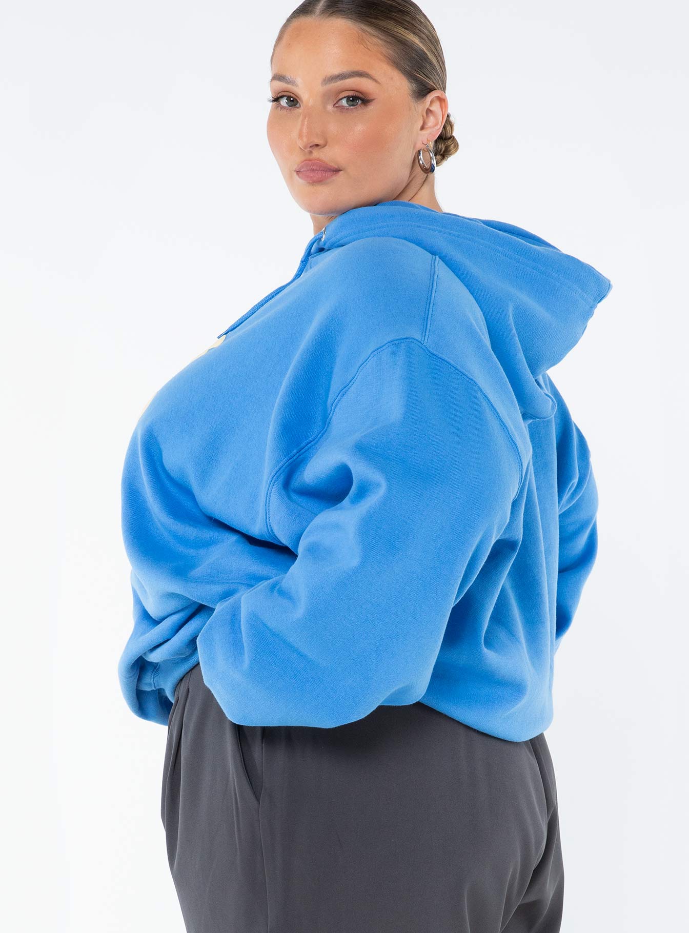 Princess Polly Hooded Sweatshirt Bubble Text Blue Yellow Curve