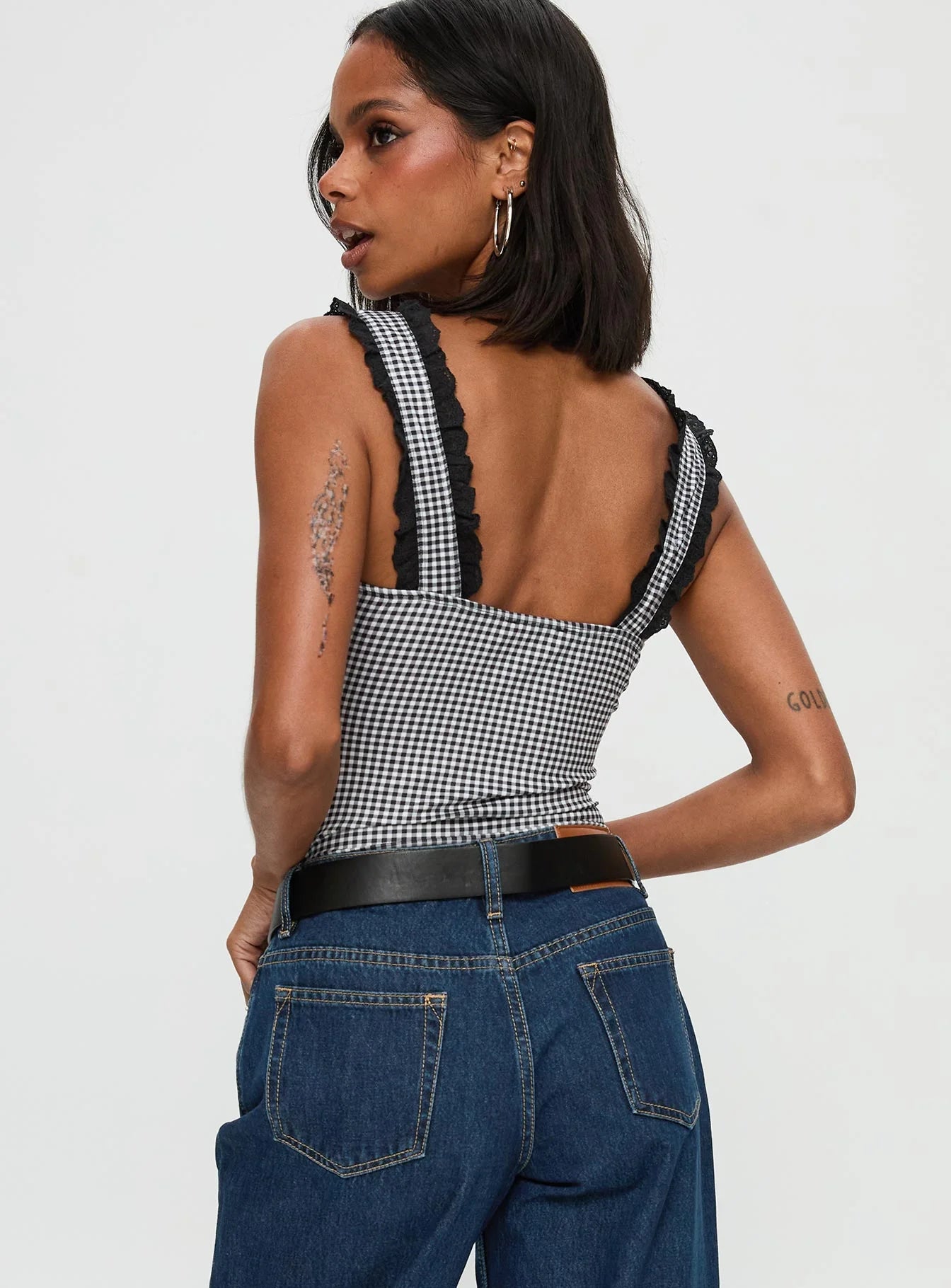 Trustfund Lace Trim Bodysuit Black White Check