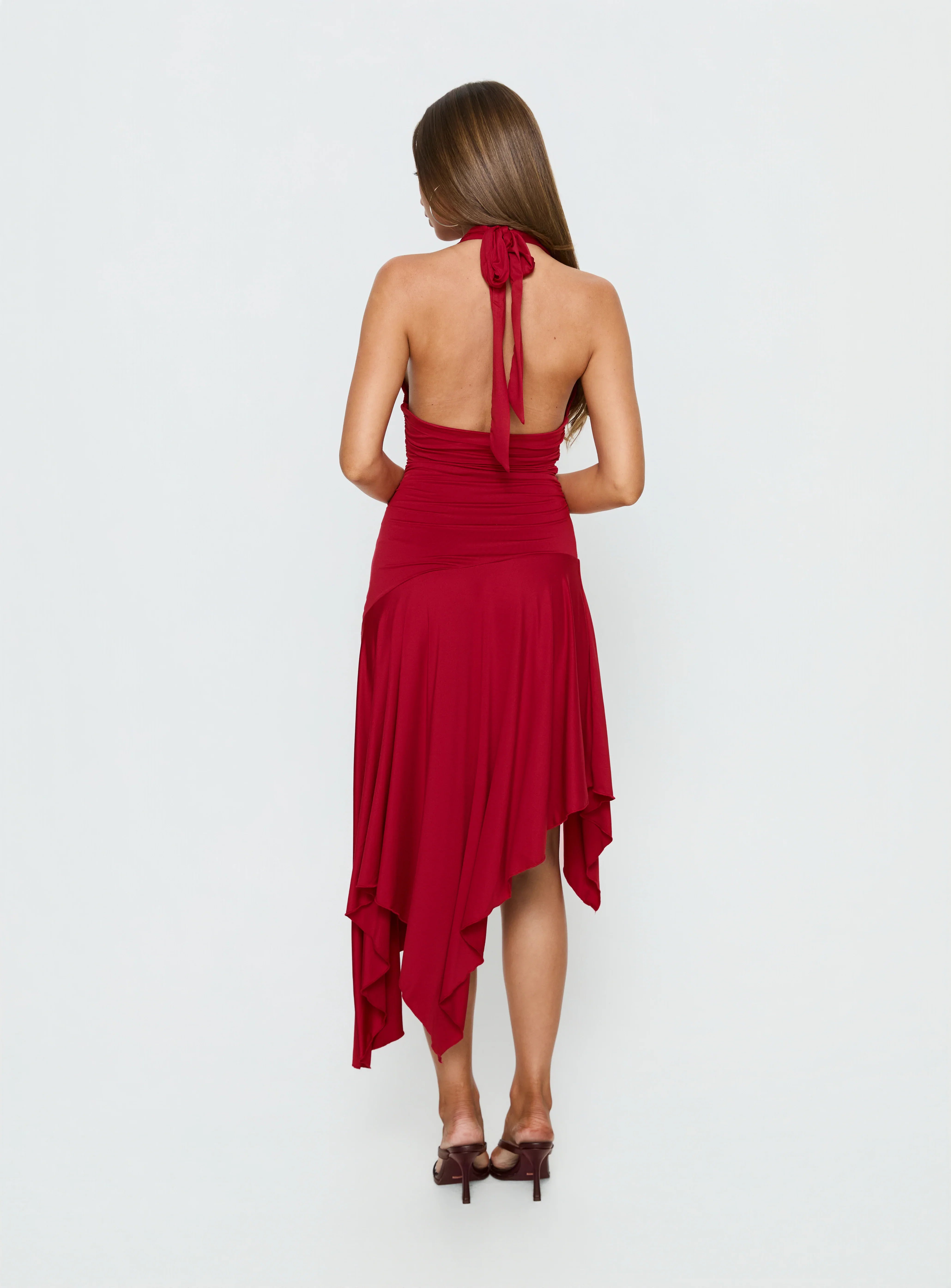 Emara Halter Asymmetrical Midi Dress Red