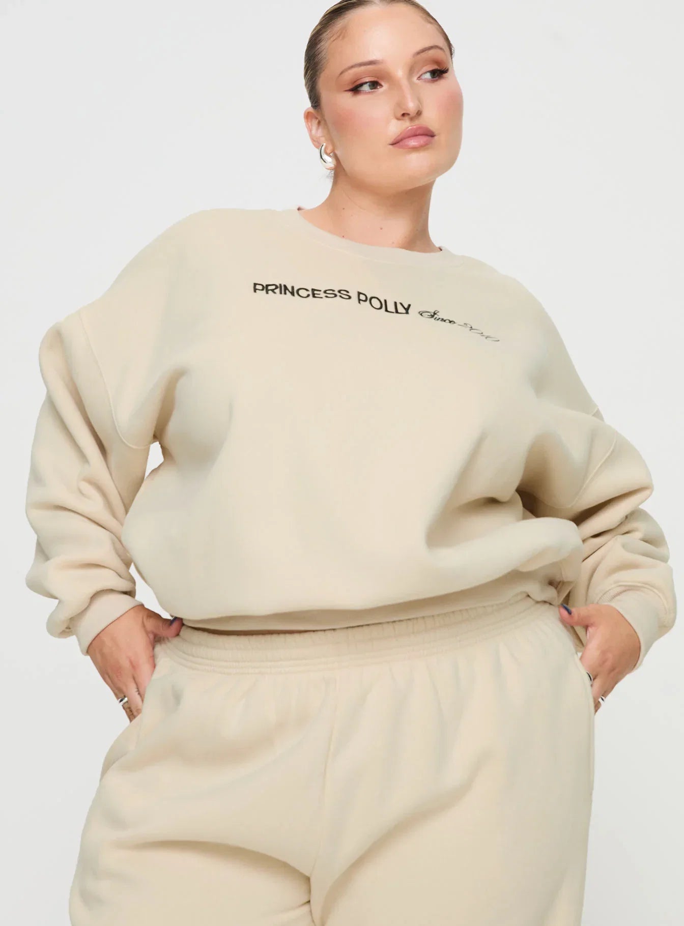 Princess Polly Crew Neck Sweatshirt Block Cursive Text Stone Curve