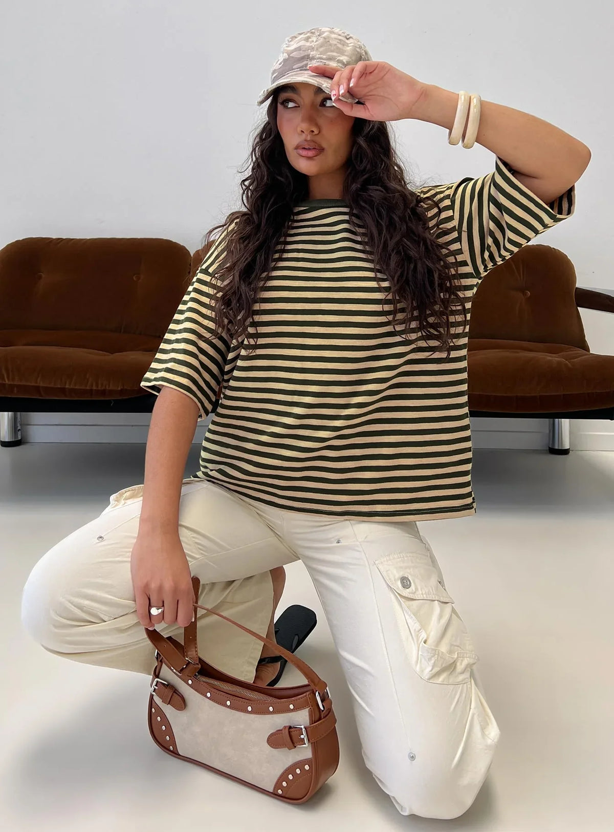 Settle Down Short Sleeve Top Green Cream Stripe