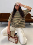 Settle Down Short Sleeve Top Green Cream Stripe