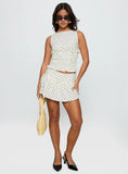 Roxee Ruched Linen Blend Top Cream Polka Dot