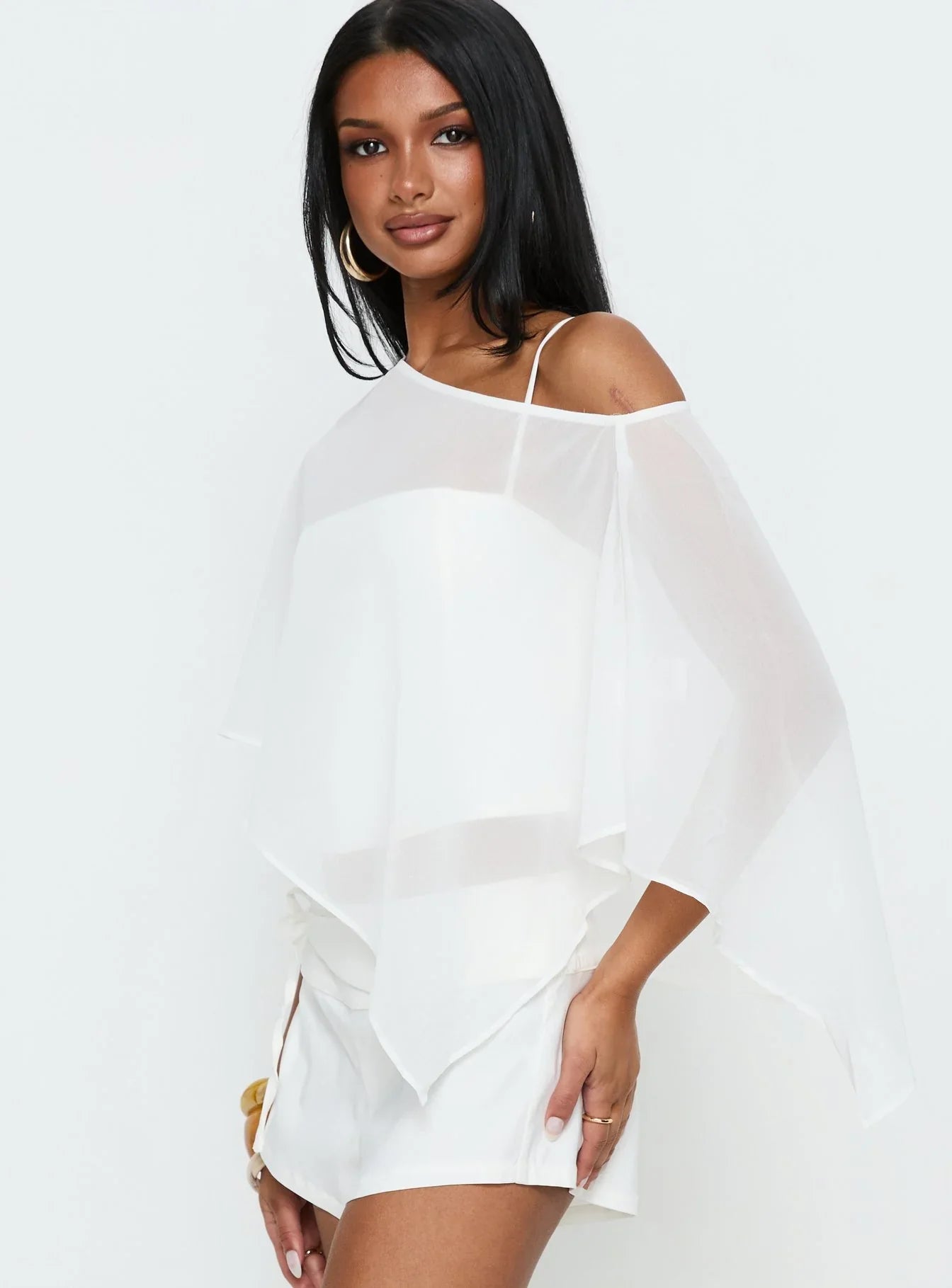 Senzo Chiffon Poncho Top White