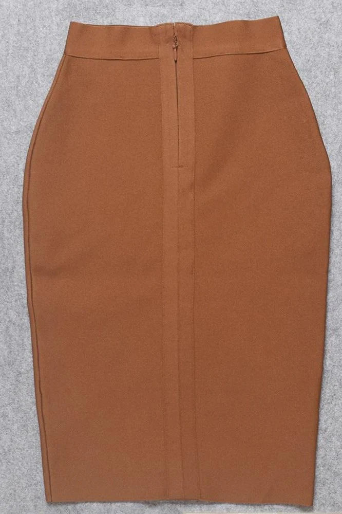 Pencil High Waist Bandage Knee Length Skirt Tan Brown