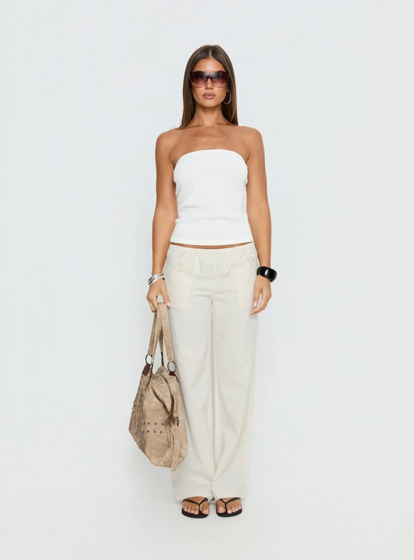 Around The Clock Button Detail Mid Rise Wide Leg Pants Cream