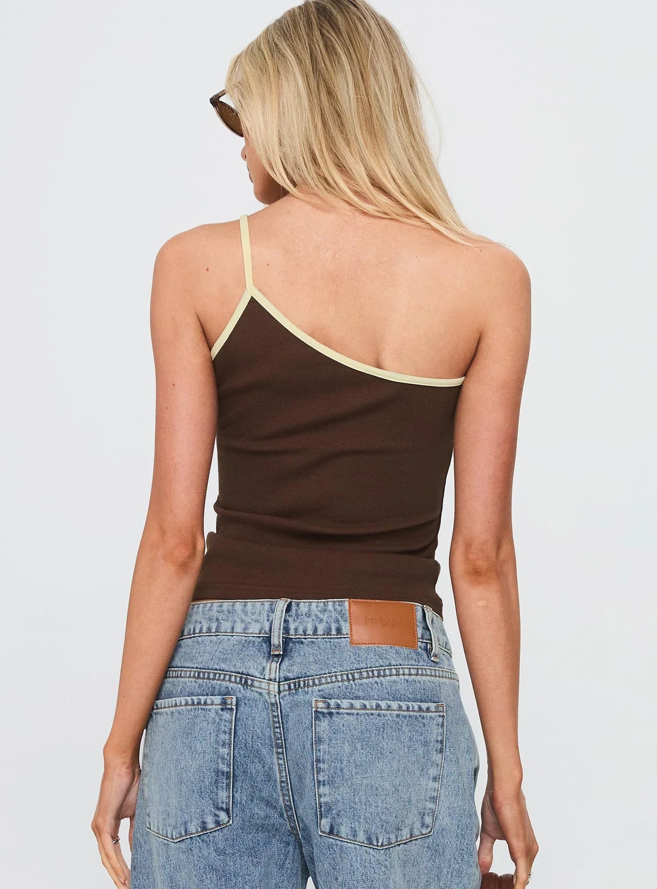 Hold It Down One Shoulder Contrast Top Chocolate Yellow