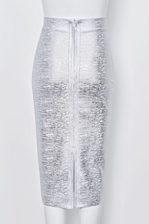 High Waist Leather Pencil Skirt Midi Length Metallic Silver