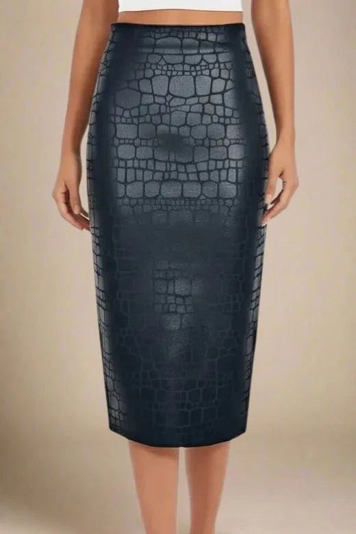 High Waist Leather Pencil Skirt Midi Length Crocodile Black