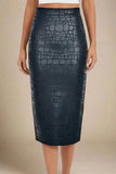 High Waist Leather Pencil Skirt Midi Length Crocodile Black