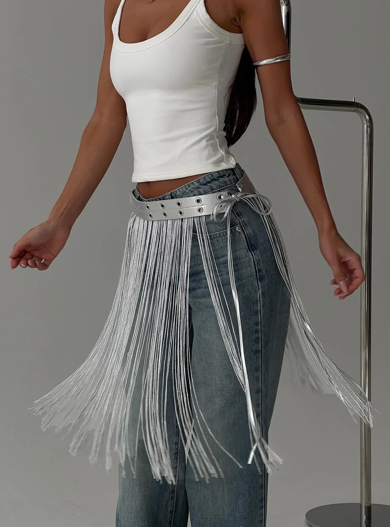 Artemas Studded Tassel Belt Silver
