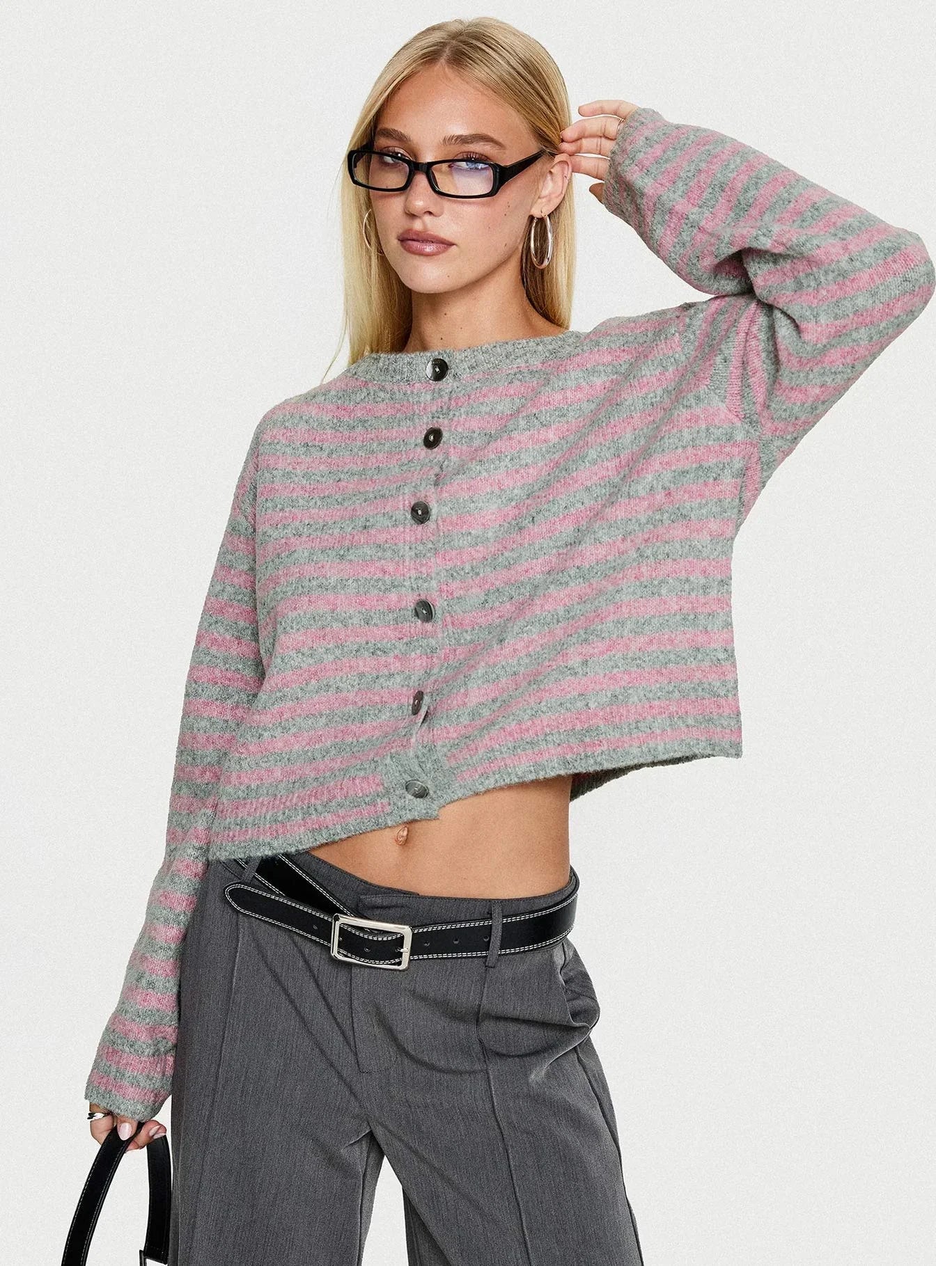 Raynna Button Up Cardigan Pink / Grey Stripe