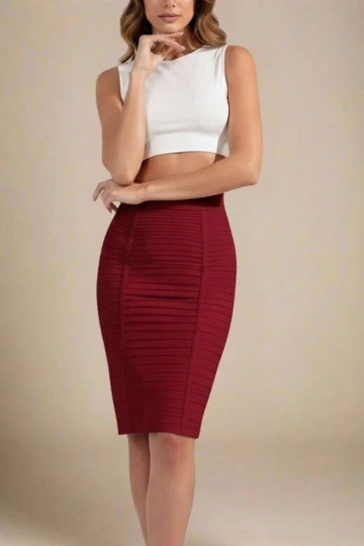 Pencil Bandage Knitted Knee Length Skirt Red Wine
