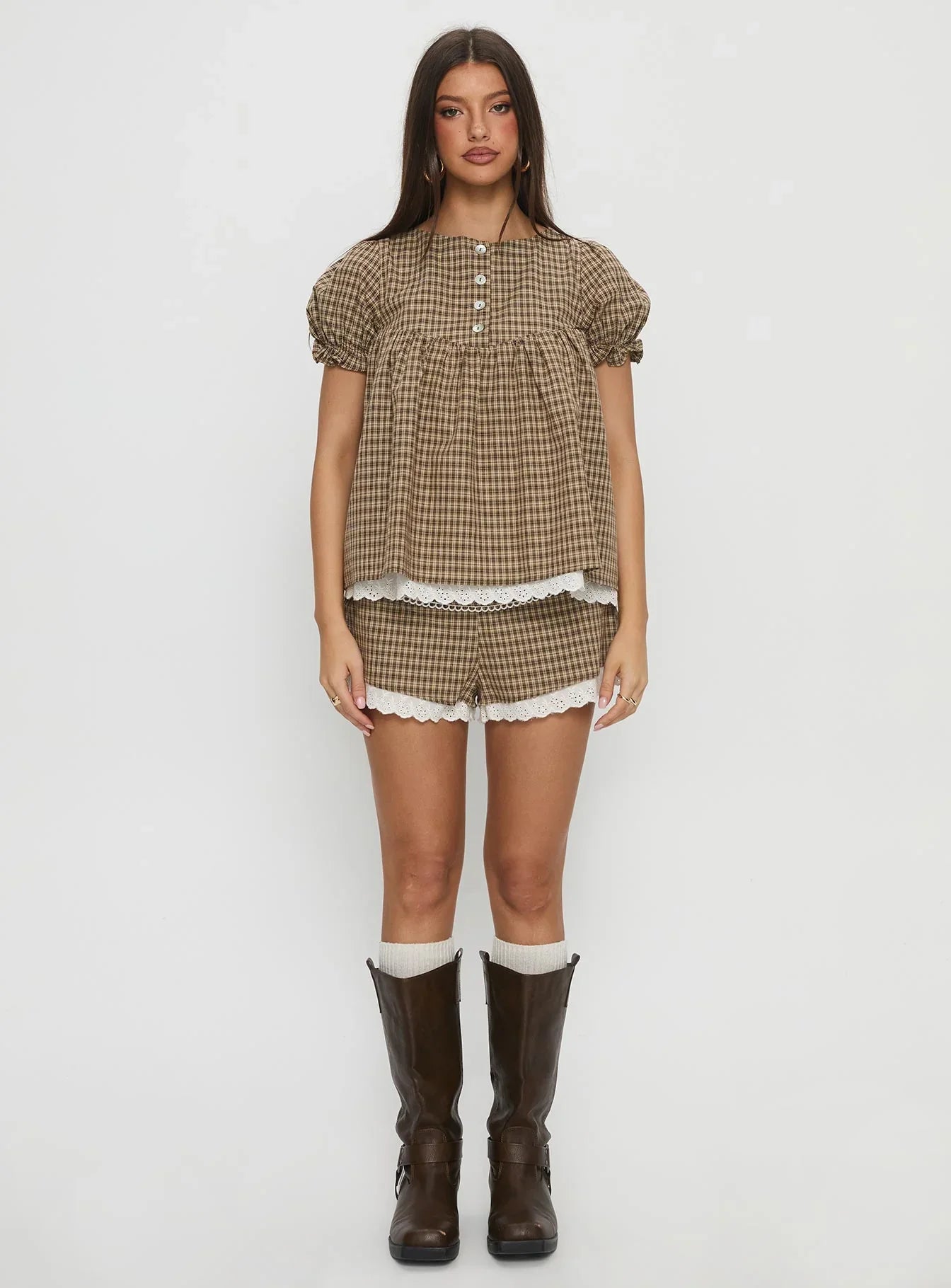 Chandelier Babydoll Top Brown Check