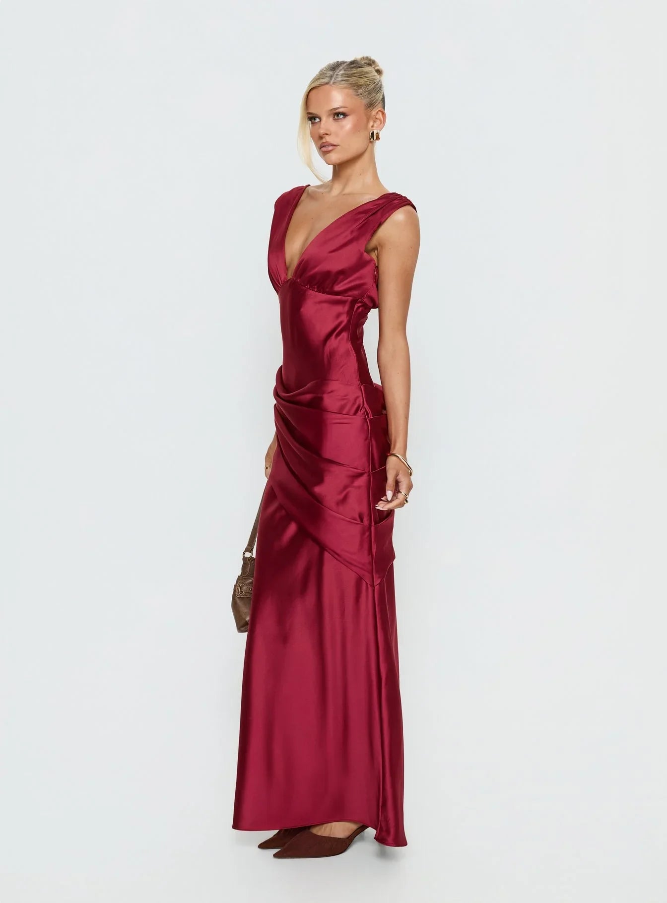 False Alarm Plunge Asymmetrical Pleat Maxi Dress Red