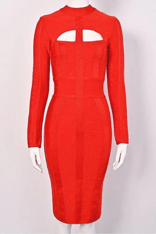 Brooke Long Sleeve Bandage Midi Dress Lipstick Red