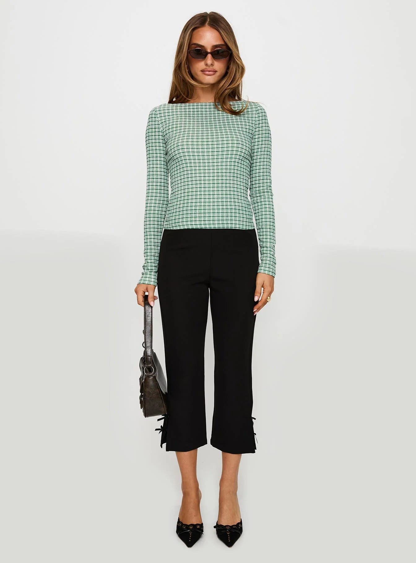 Every Second Boat Neck Long Sleeve Top Green Check