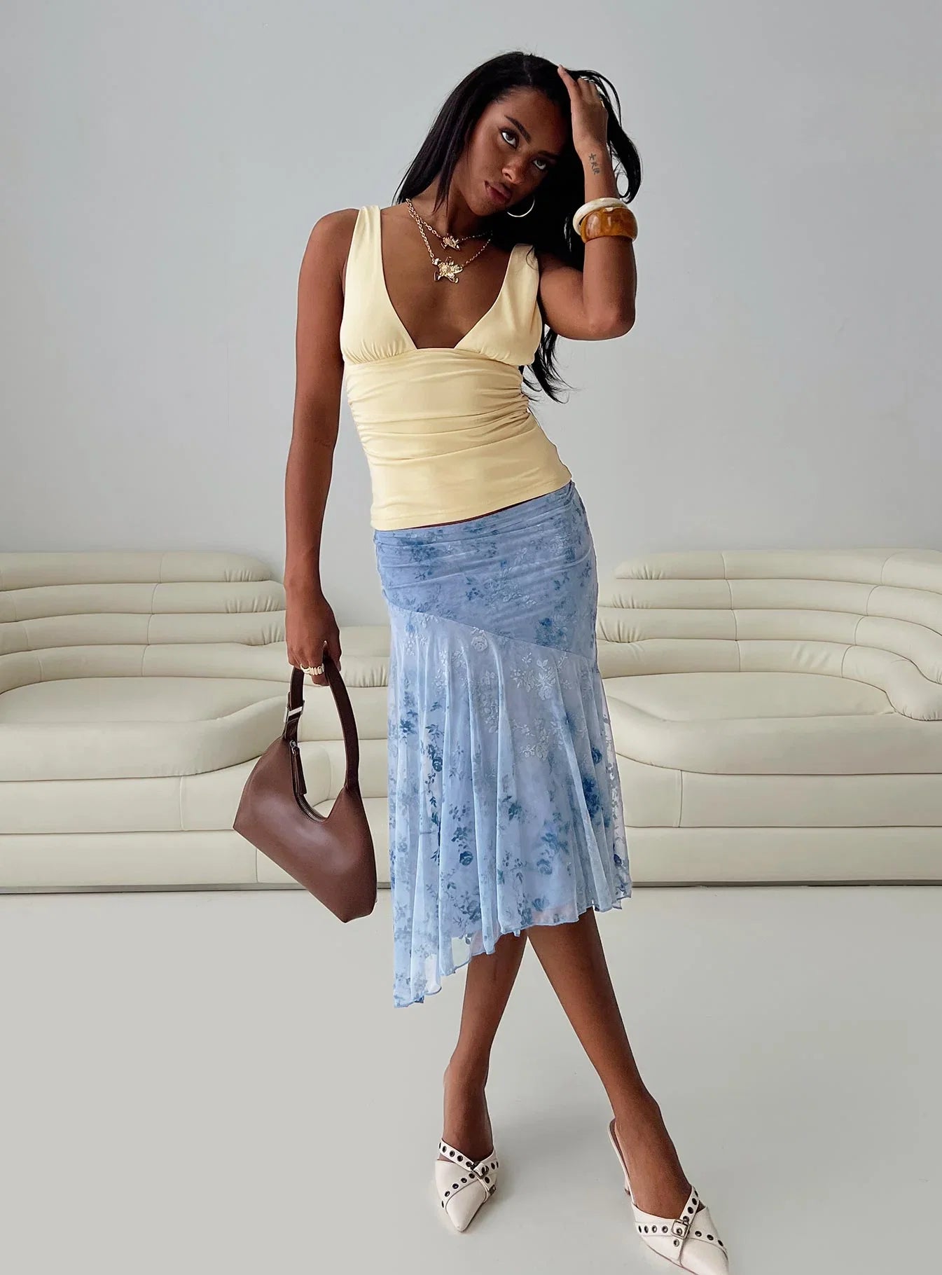 Summer Rain Asymmetrical Midi Skirt Blue