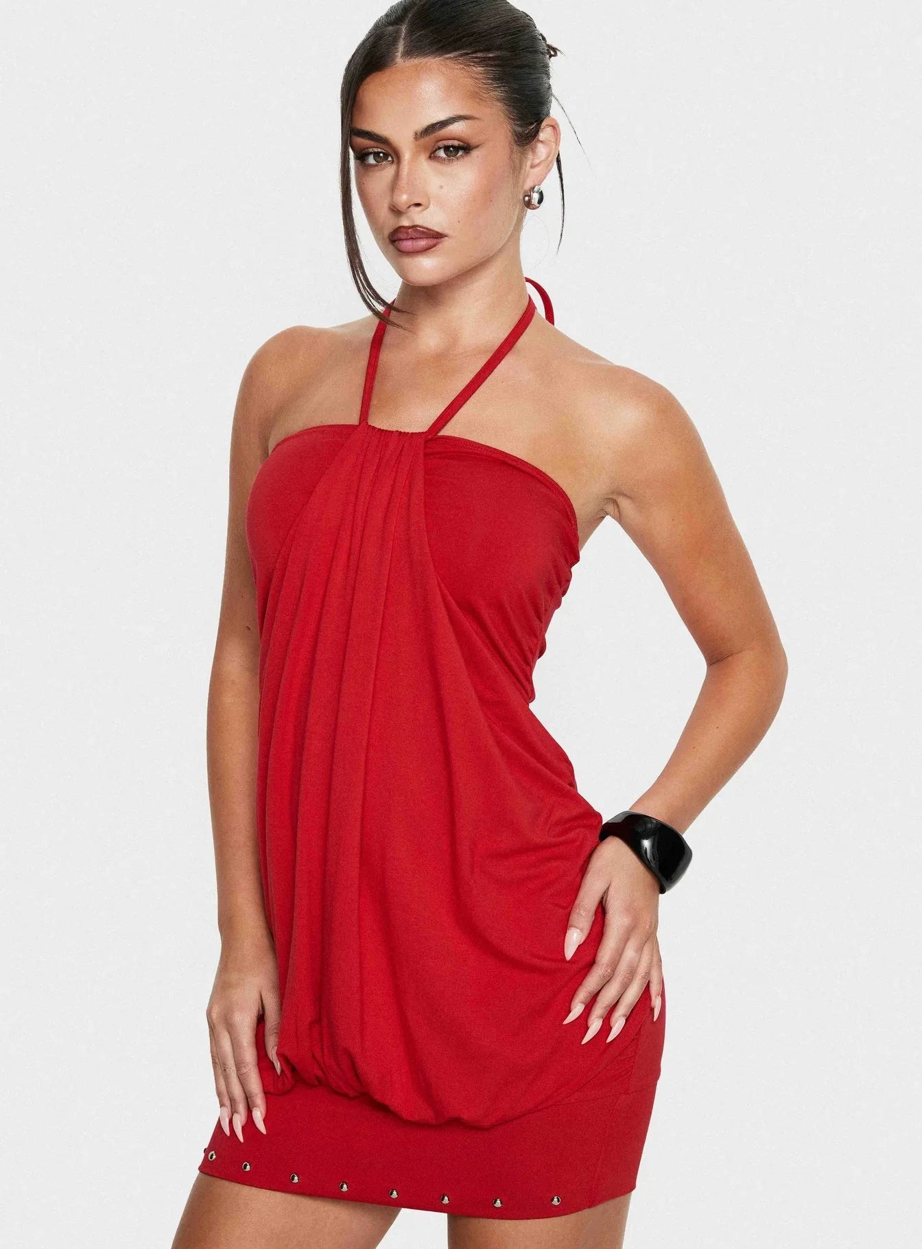 Jordonna Gathered Halter Mini Dress Red