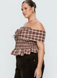 Avalynn Off Shoulder Shirred Top Brown Check Curve