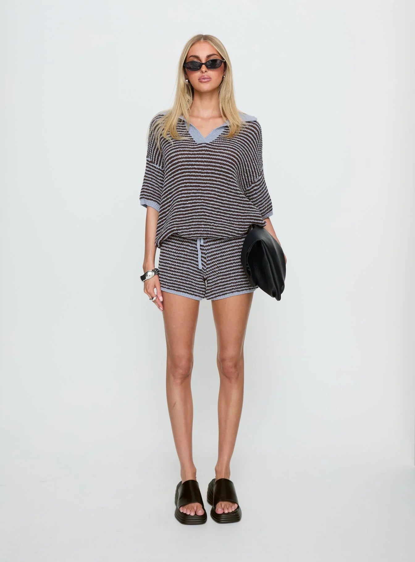 Serenique Collared Short Sleeve Knit Top Blue / Chocolate