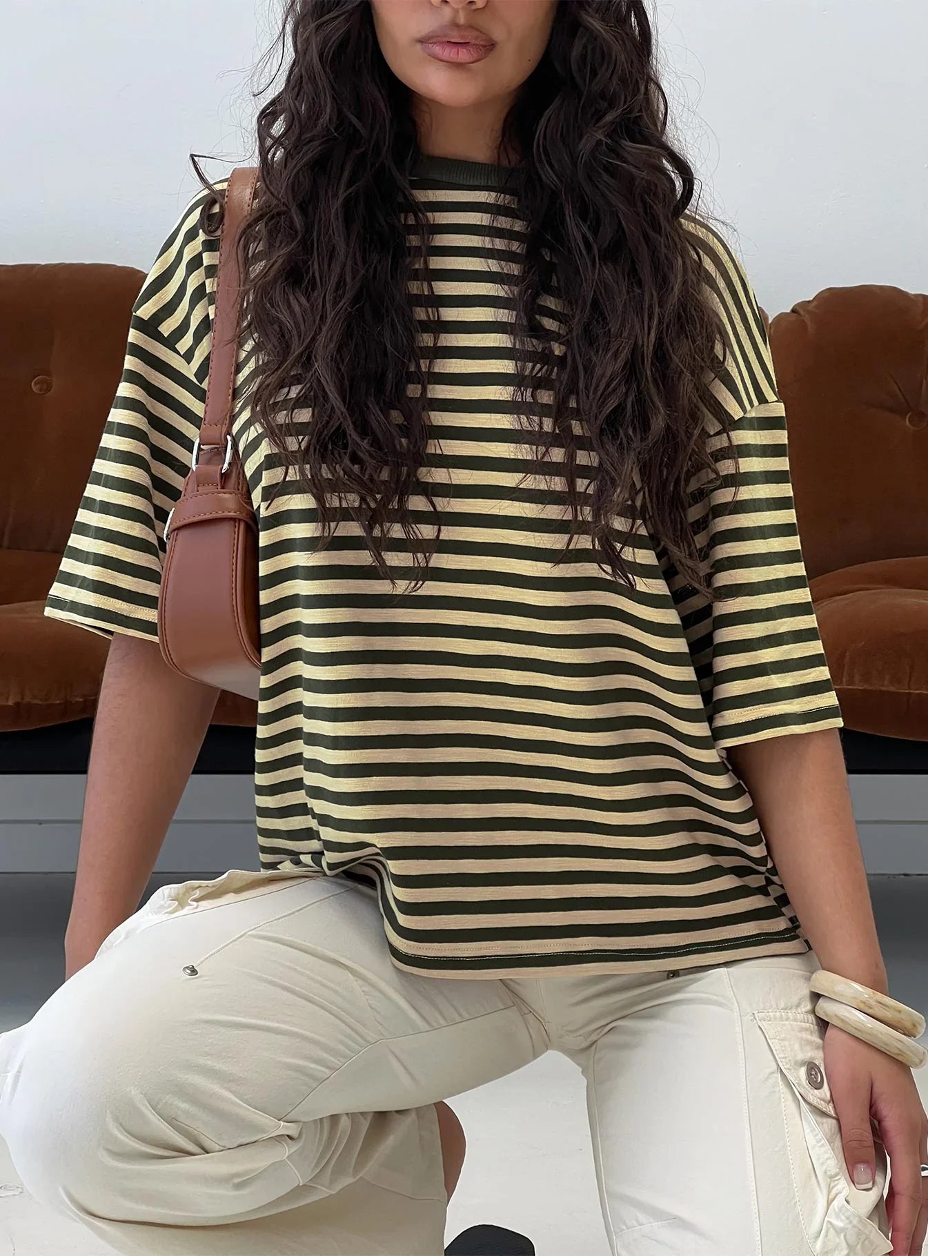 Settle Down Short Sleeve Top Green Cream Stripe
