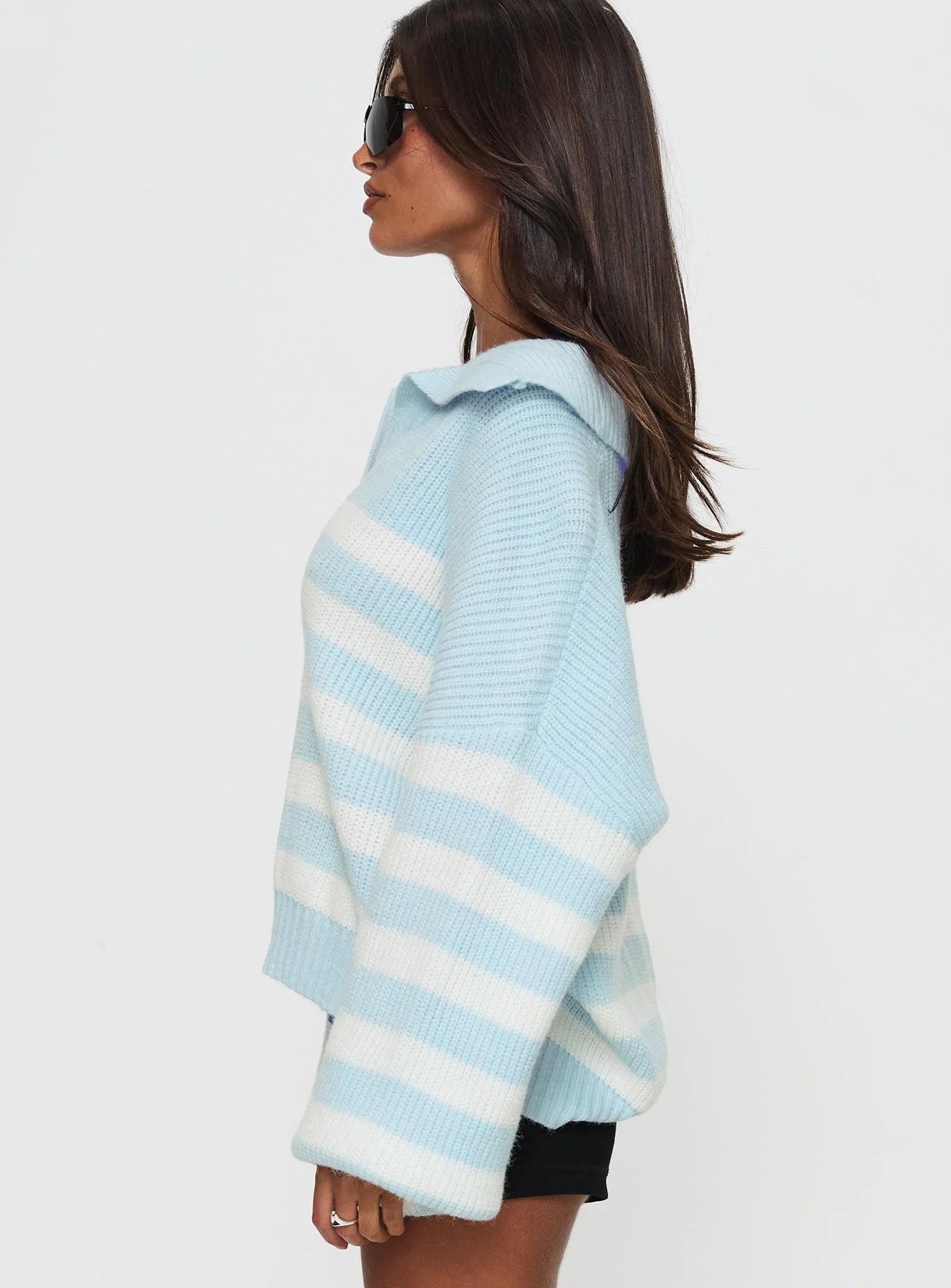 Carolena Long Sleeve Collared Knit Sweater Blue White Stripe