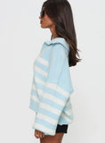 Carolena Long Sleeve Collared Knit Sweater Blue White Stripe