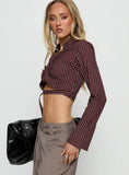 Anslee Wrap Detail Cropped Long Sleeve Top Burgundy Stripe