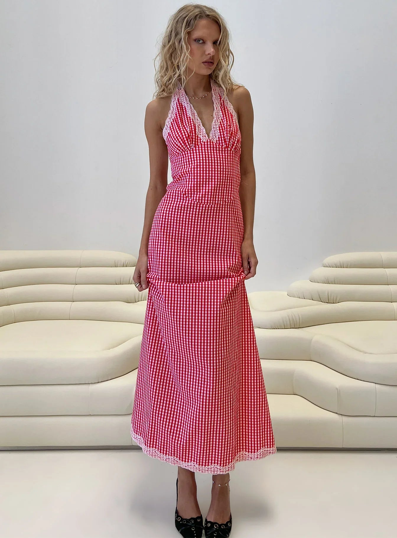 Betsie Halter Lace Maxi Dress Red Gingham