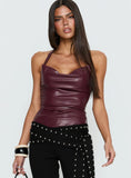 Thunderbolt Faux Leather Cowl Neck Top Plum