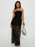 Aleda Sheer Lace Detail Strapless Maxi Dress Black