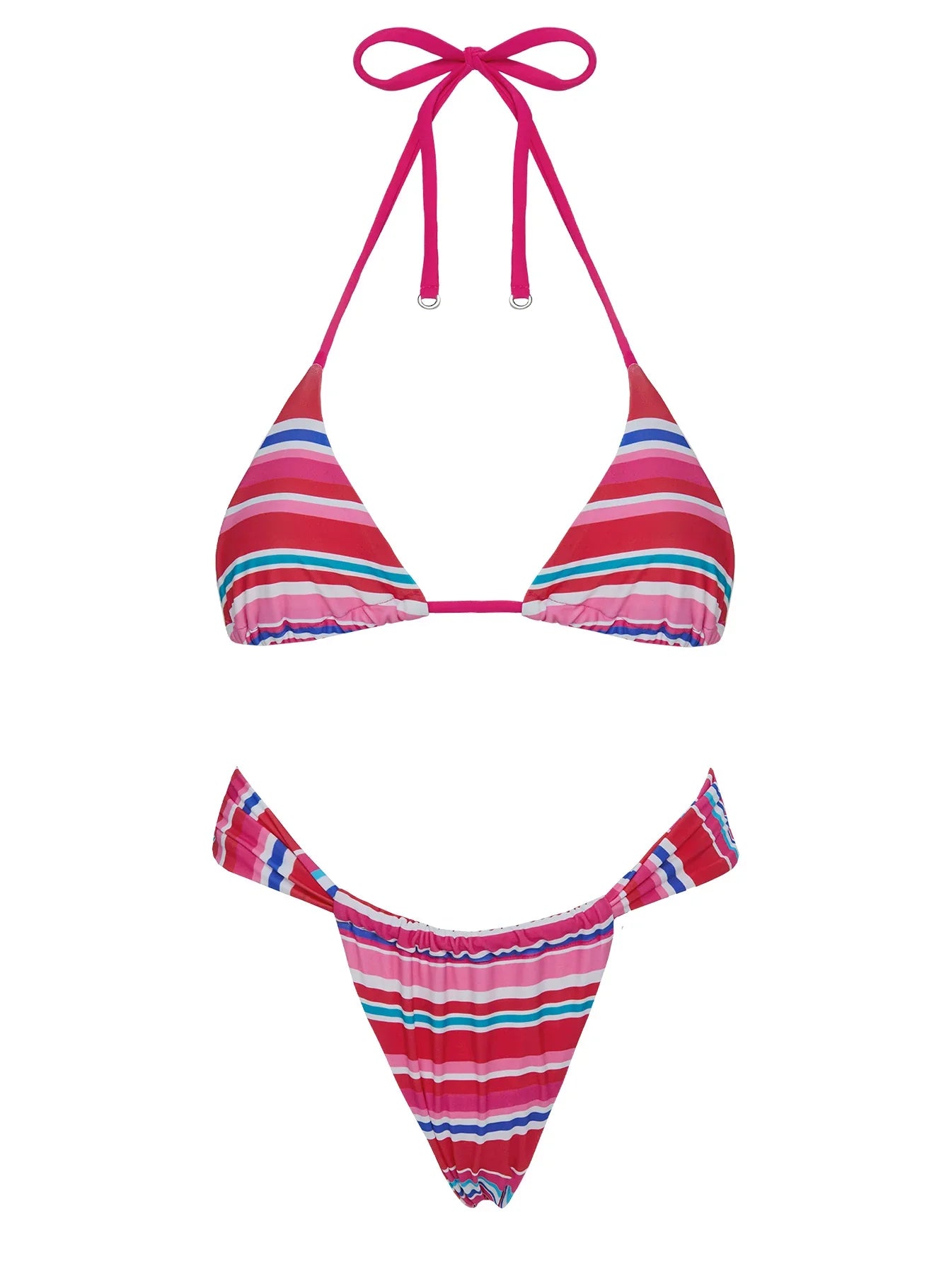 Summer Season Ruched Side Bikini Bottoms Pink Blue Stripe