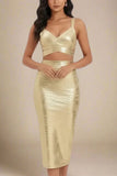 Ang Bandage Leather Crop Top Gold