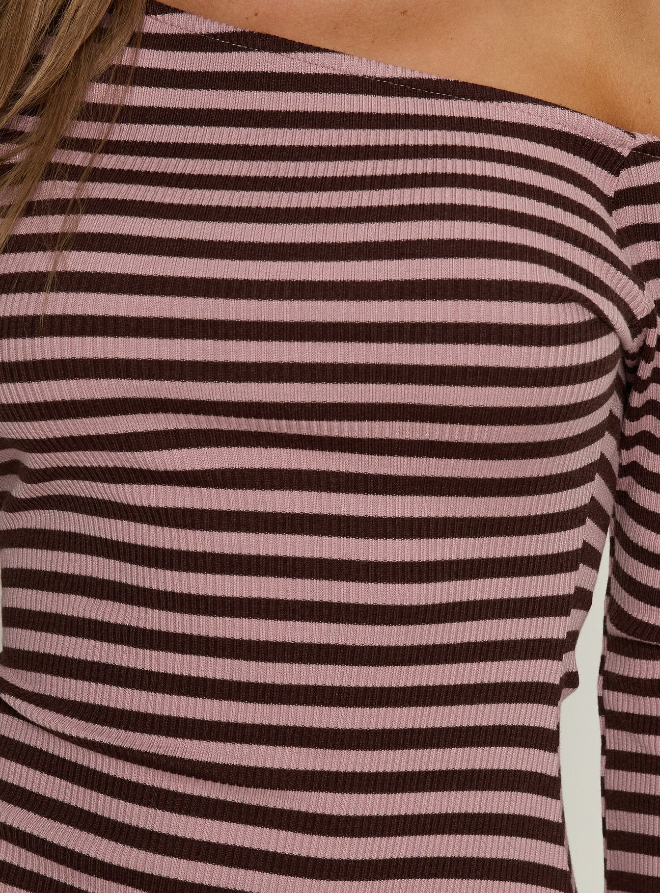 Adrietta Long Sleeve Off Shoulder Mini Dress Chocolate Pink Stripe