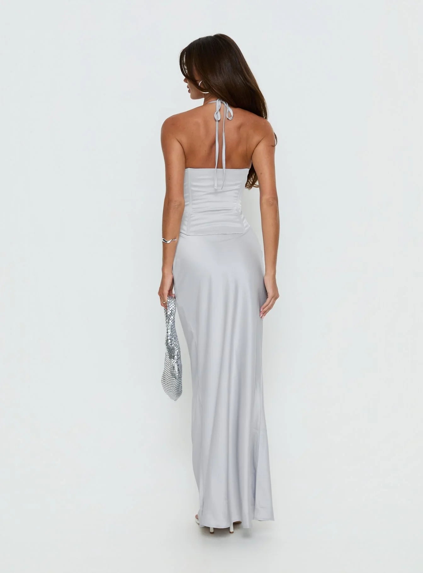 Devotedness Satin Corset Maxi Dress Silver