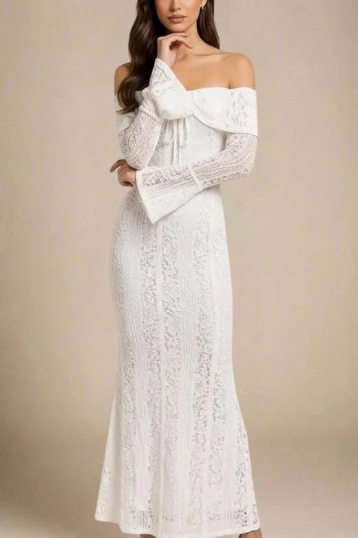 Rose Long Sleeve Bodycon Maxi Dress White Pearl