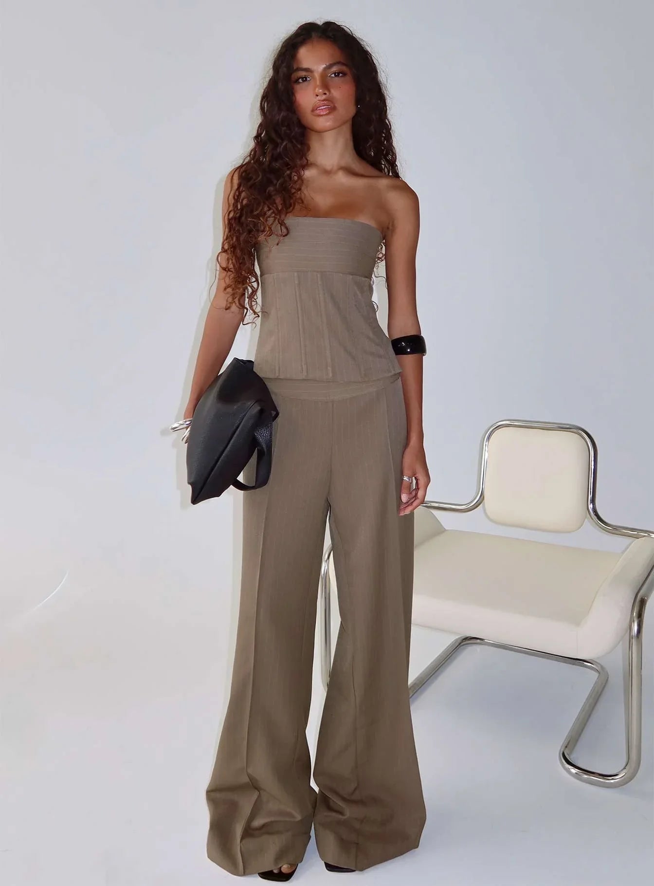 Madelle Strapless Tie Up Top Brown Pinstripe