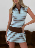 Cadey Contrast Collar Polo Top Blue Brown