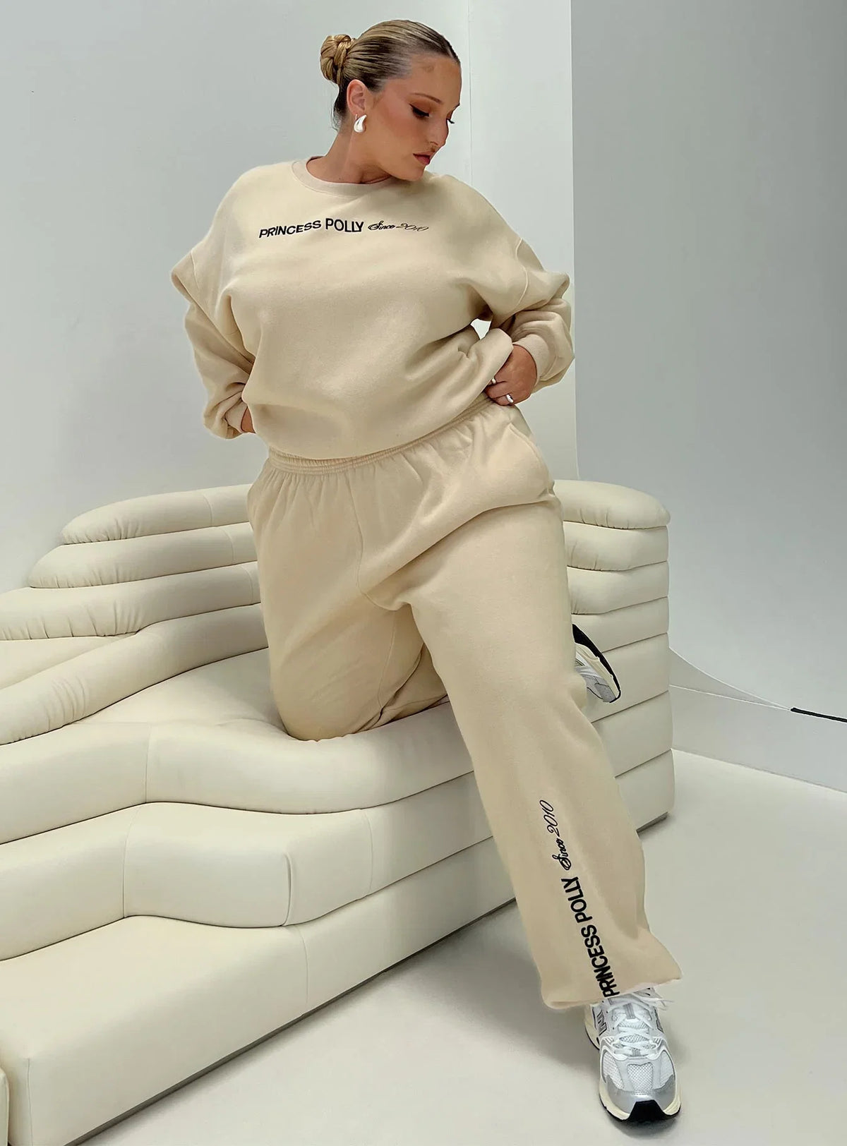 Princess Polly Crew Neck Sweatshirt Block Cursive Text Stone Curve