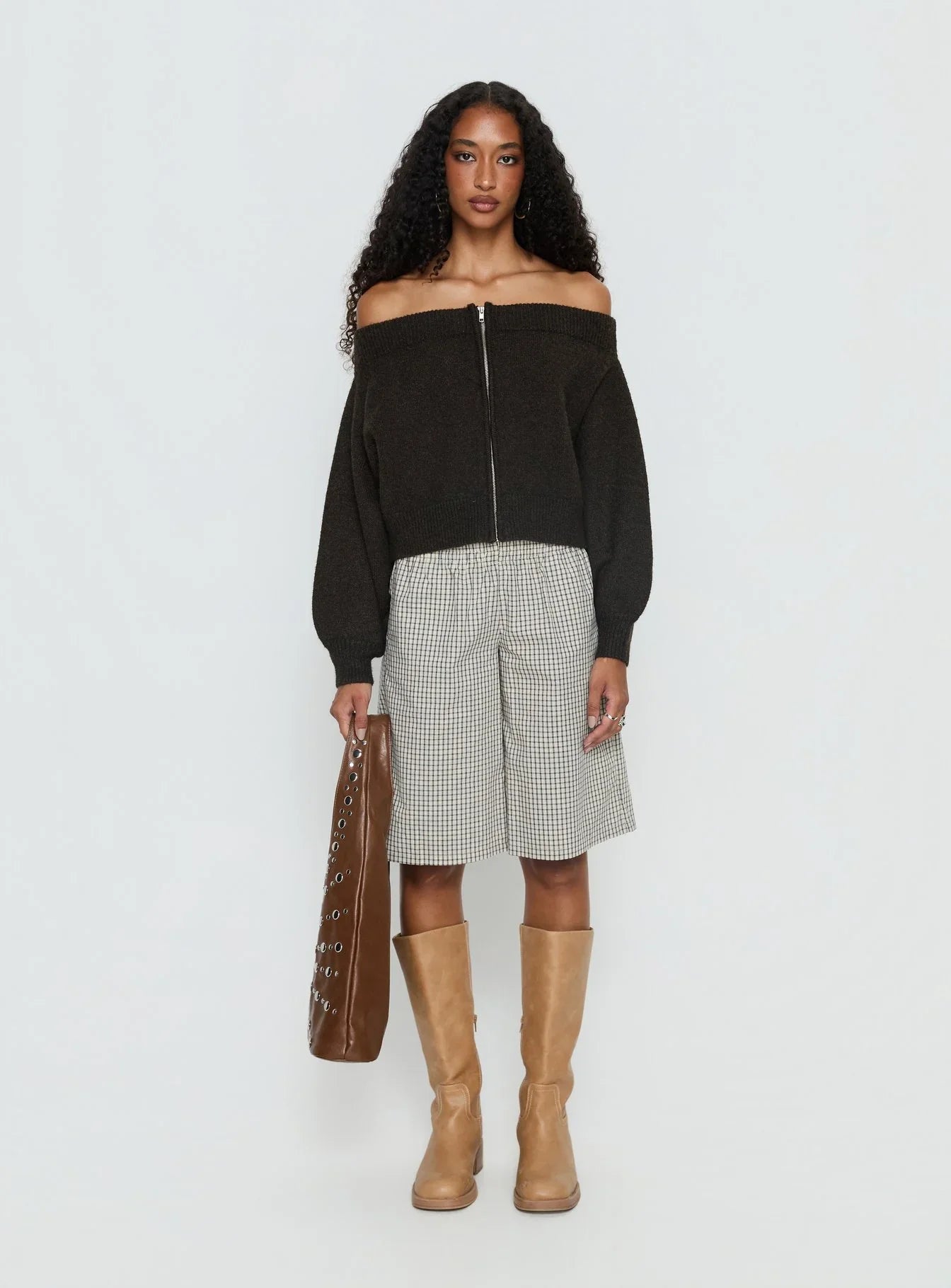 Ortensa Off Shoulder Zip Through Jumper Brown
