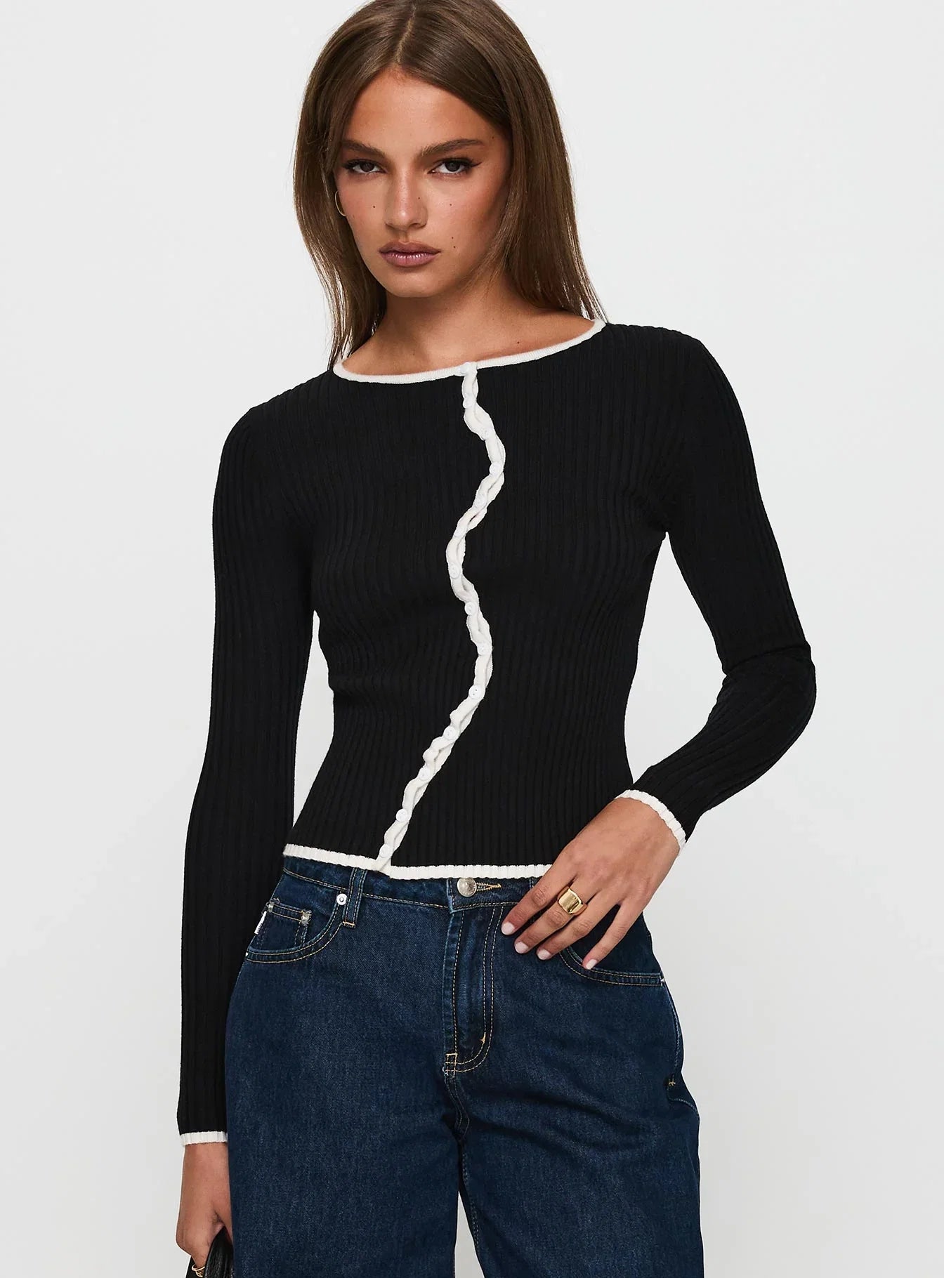 Bring Me Closer Button Up Long Sleeve Top Black White