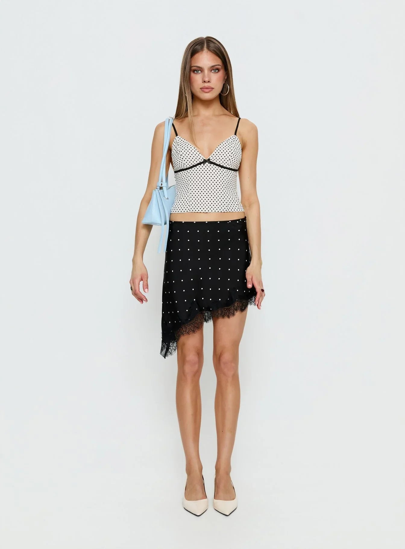 Idette Lace Asymmetrical Mini Skirt Black Polka Dot